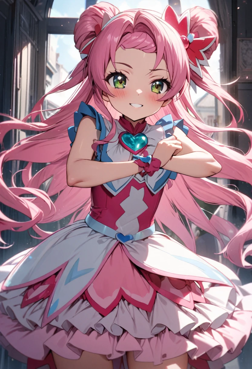masterpiece, best quality, ultra-detailed, 1girl, 13 years old, precure, cure grace, pink hair, long hair, smile, active pose