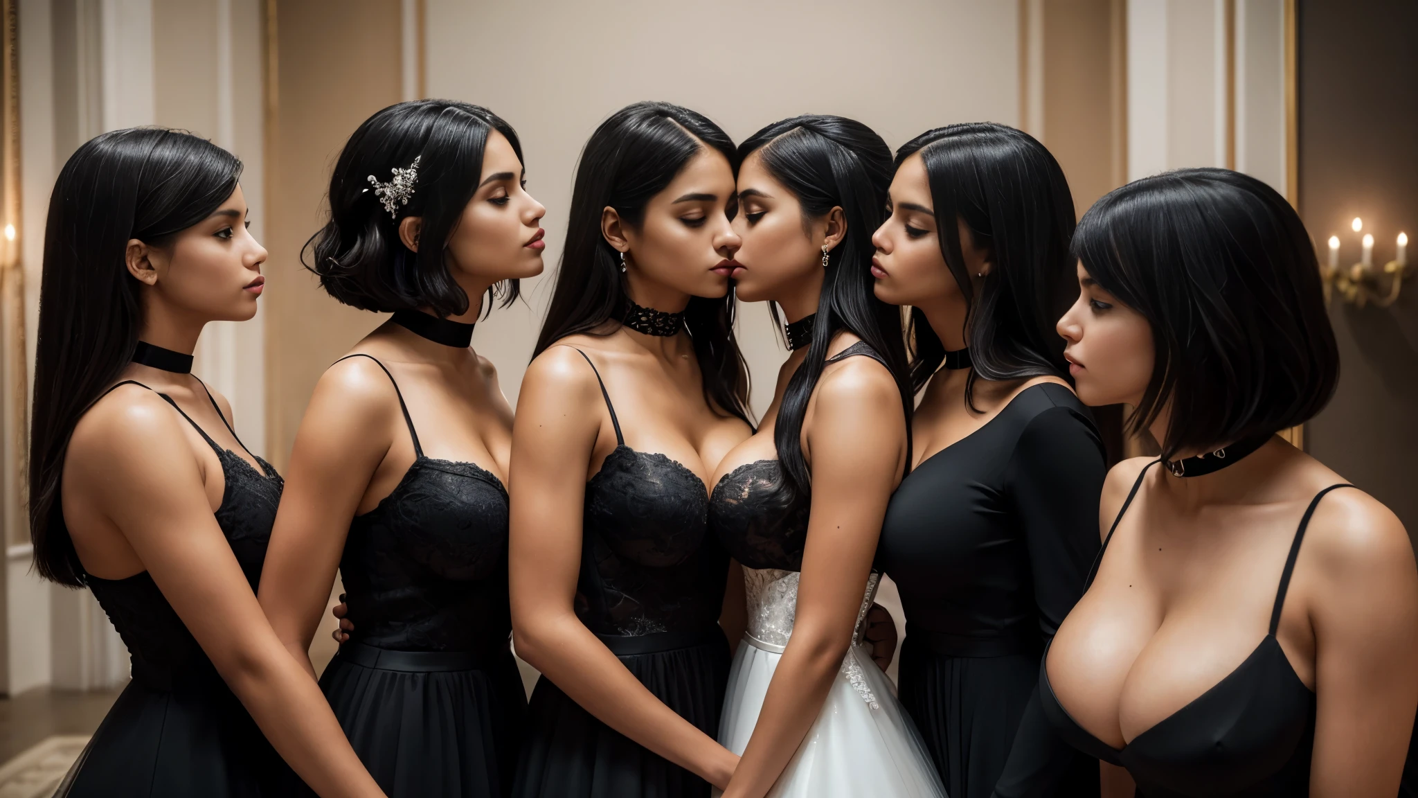 Isabel Merced, group of girls in black wedding dresses, (long bob_cut hair), choker, (kissing:1.3), (skin texture:1.1), (high detail face:1.1), full bodyshot, high detail body, high detail clothes, (big breasts:1.3),(masterpiece), (realistic), ultra high definition, 4k, ultra high resolution, cinematic lighting, rim lighting, photo by Arny Freytag, RAW image