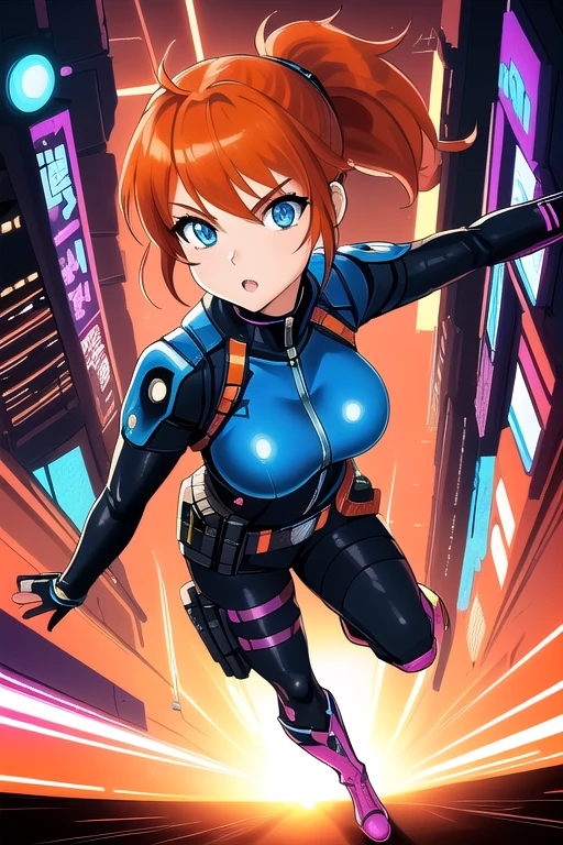 1girl ((32year old, dressed in a tight futuristic sci-fi bodysuit, utility belt, boots, medium breasts, short orange hair, pony tail styled hair, perfect model body:1.3, detailed blue eyes:1.5)) attack action, face close-up, action with impact, full body, perspective composition, exaggerated composition, perfect composition, perfect eyes, large perspective, dynamic composition, dreamy cyberpunk girl, anime cyberpunk art, digital cyberpunk - anime art, cyberpunk anime girl, digital cyberpunk anime art, cyberpunk, cyberpunk anime art, cyberpunk vibe, cyberpunk art style, background is city, neon, night
