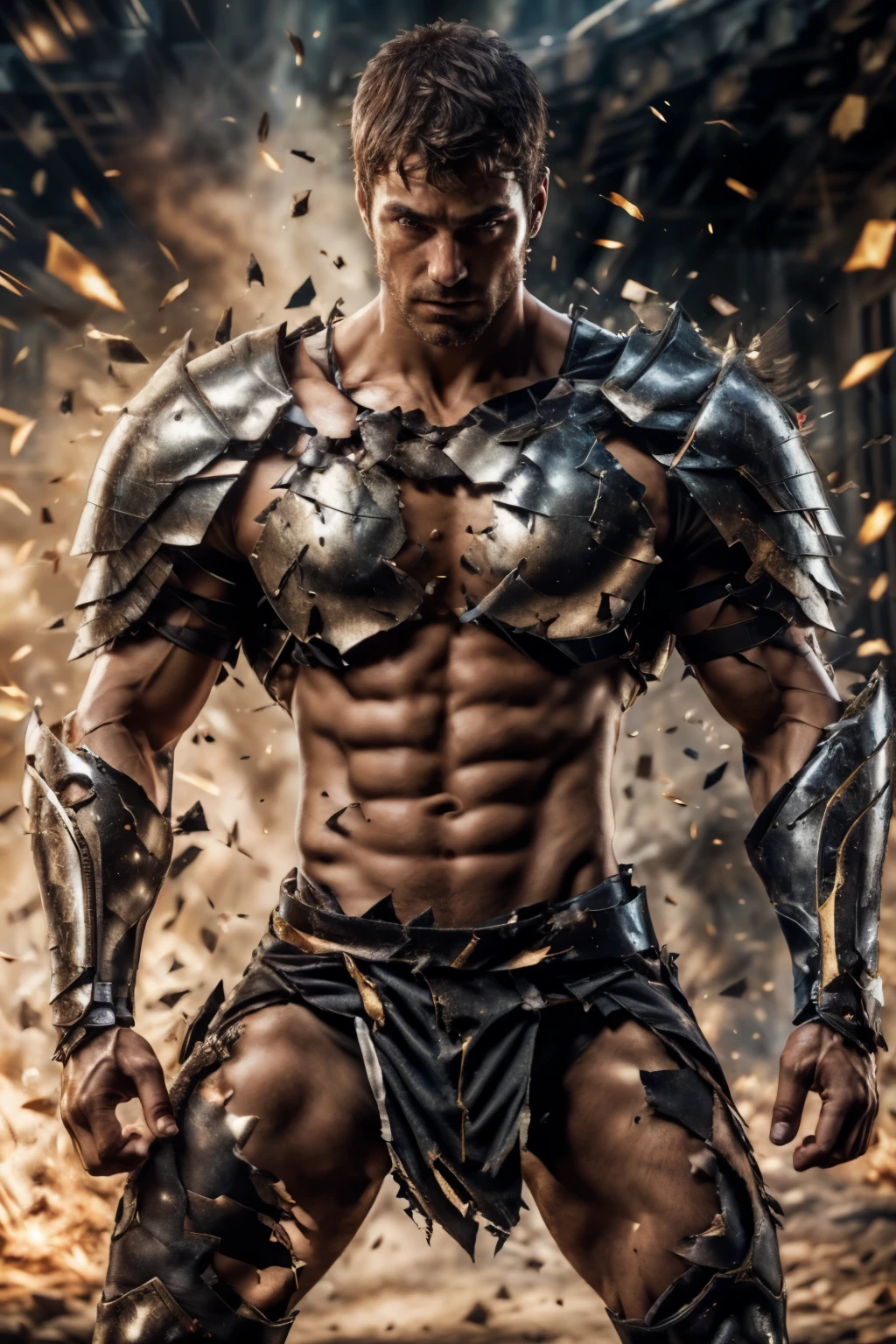 4rmorbre4k, torn clothes, broken armor, fragments, Injuried, pained expression, Awkward, blush, chest muscles, abdominal muscles, fighting stance, dynamic poses, medieval fantasy setting, close up, face portrait, emb3r4rmor, Wearing Embers Knight Armor, luminescent, combustion, best quality, masterpiece, actual, (Detailed background), depth of field, intricate details, 8K, Artwork by Greg Rutkoski, Delicate skin texture, Detailed face, actual eyes, male focus, photo of a man,