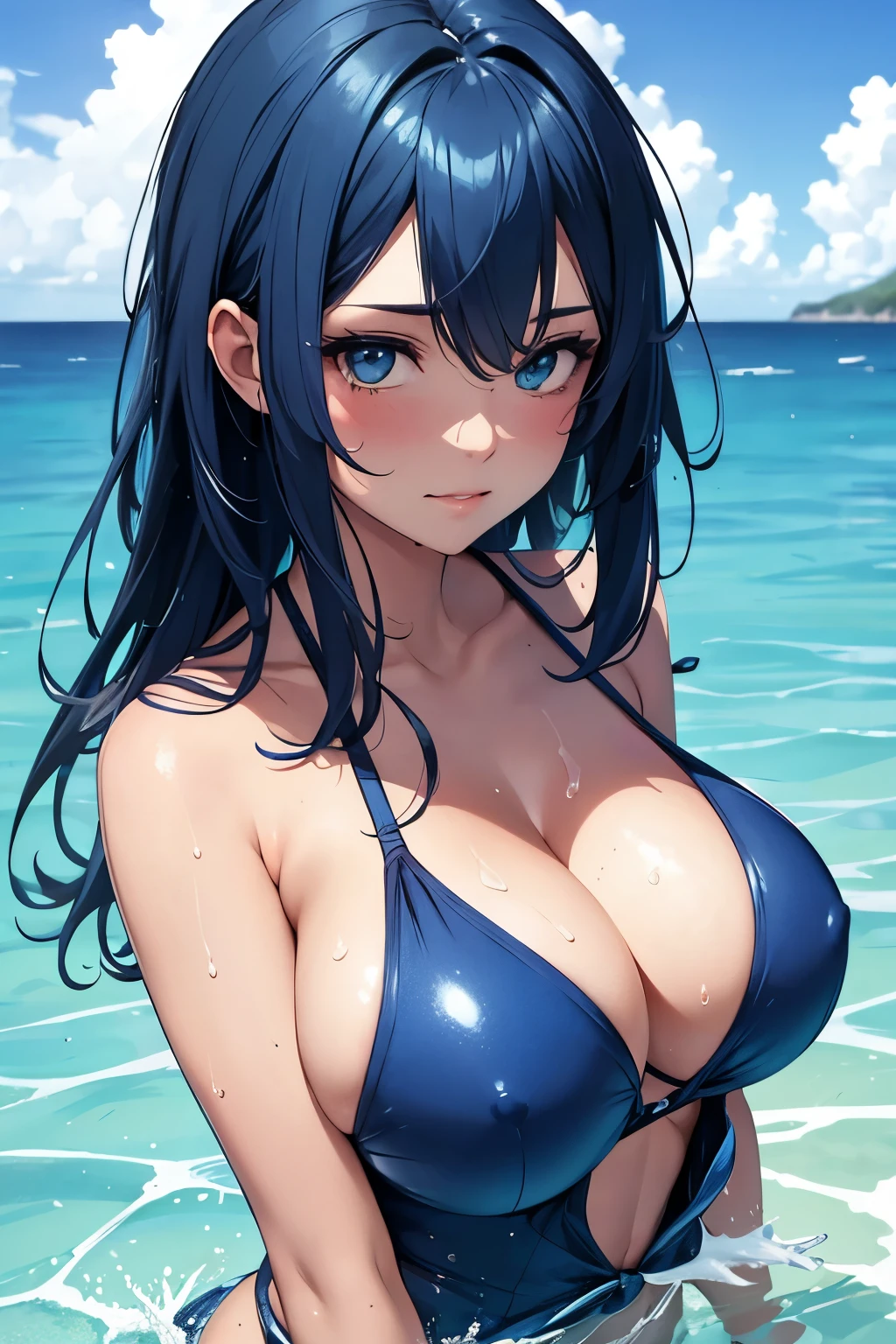 beautiful girl, sea, blue hair, swimsuit, wet skin, sweat, touching her breasts, big breasts, cleavage, sexy,