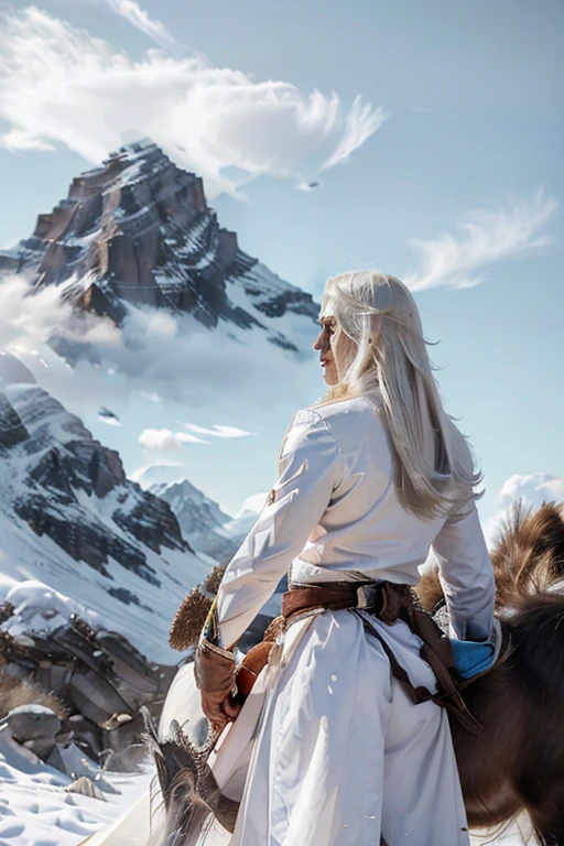 male 30 years old long white hair in white silver and blue royal calvary uniform book cover with giant throwing mountain in the background