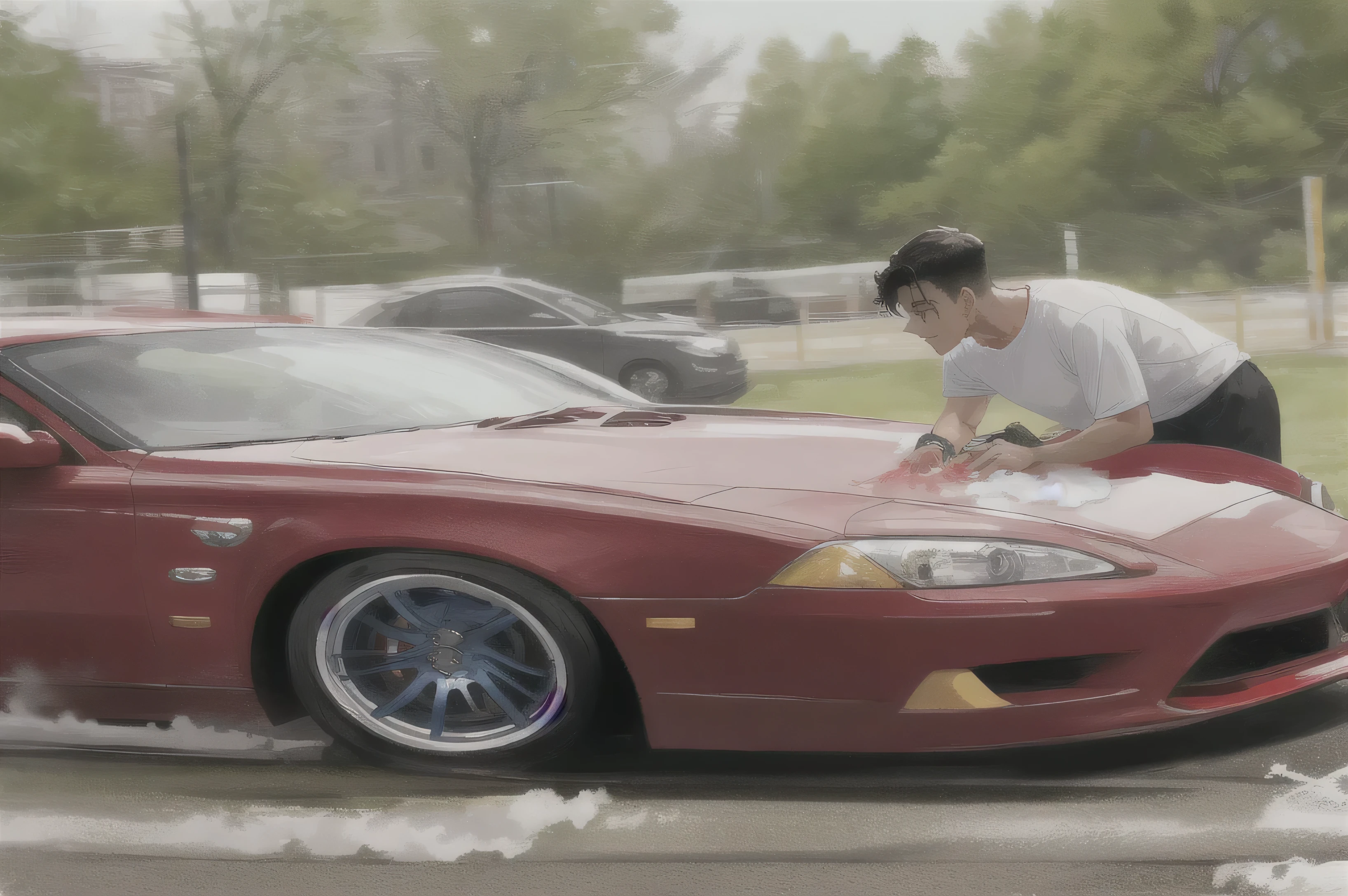 man with rolled up sleeves tan shirt black joggers washing a red car with a yellow towel, color corrected, cleaned up, smooth detailed, extreme detailing, detailing, clean detailed, hyper detailed!!, pristine and clean, in detail, hyper detailed!!!, clean detail, front side full