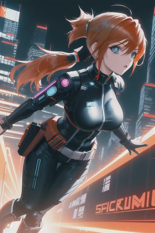 1girl ((32year old, dressed in a tight futuristic sci-fi bodysuit, utility belt, boots, medium breasts, short orange hair, pony tail styled hair, perfect model body:1.3, detailed blue eyes:1.5)) attack action, face close-up, action with impact, full body, perspective composition, exaggerated composition, perfect composition, perfect eyes, large perspective, dynamic composition, dreamy cyberpunk girl, anime cyberpunk art, digital cyberpunk - anime art, cyberpunk anime girl, digital cyberpunk anime art, cyberpunk, cyberpunk anime art, cyberpunk vibe, cyberpunk art style, background is city, neon, night