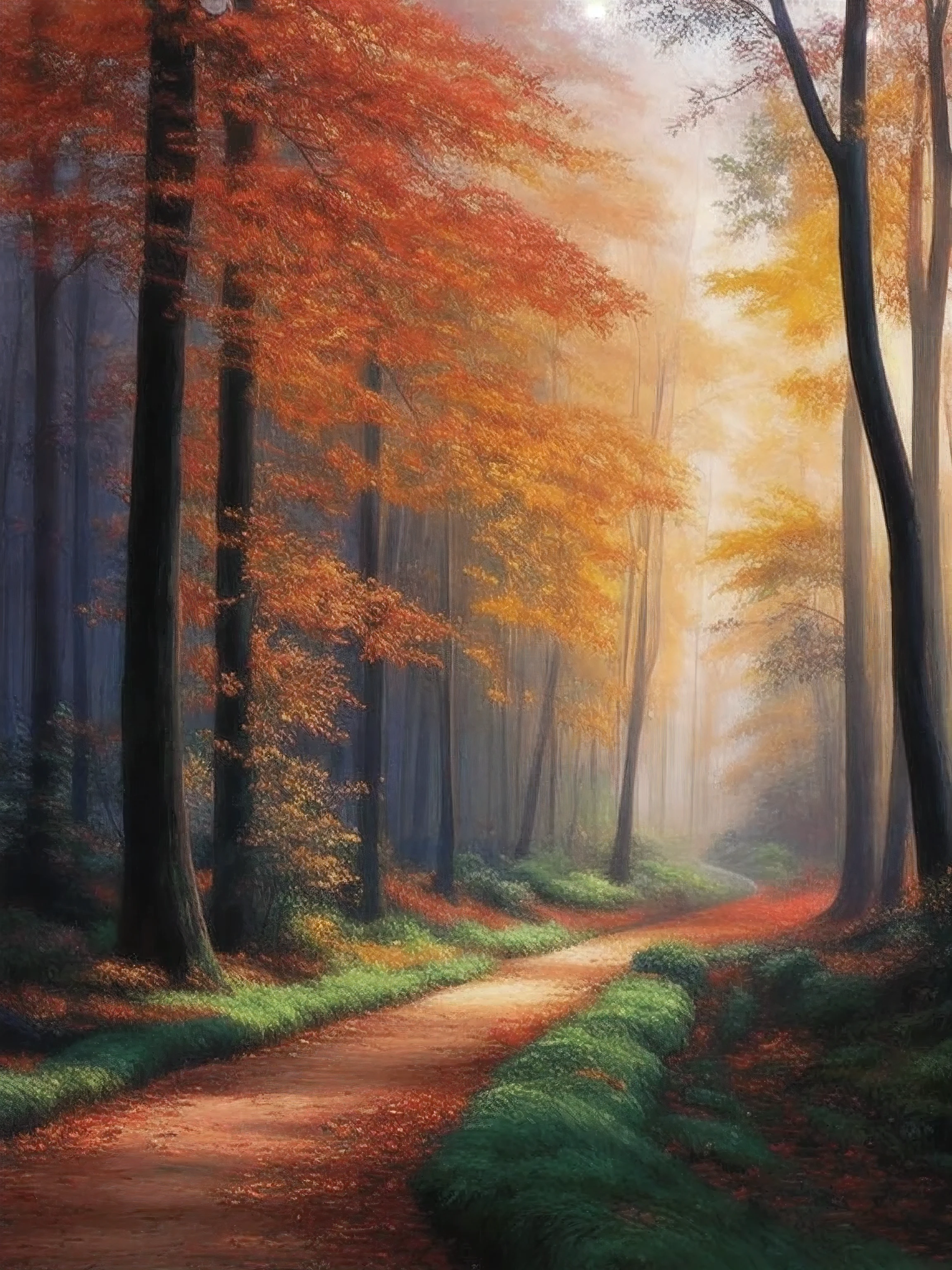 a painting of a path in a forest with trees and bushes, Magical Forest Background, hermosa pintura digital, very hermoso arte digital, magical bosque de fantasia, warm and beautiful scene, soft autumn sunlight, hermoso bosque scenery, bosque de fantasia landscape, hermoso bosque, fantasy art landscape, hermoso arte digital, autumn forest, bosque de fantasia, Arte detallado de alta calidad 8k, beautiful oil matte painting