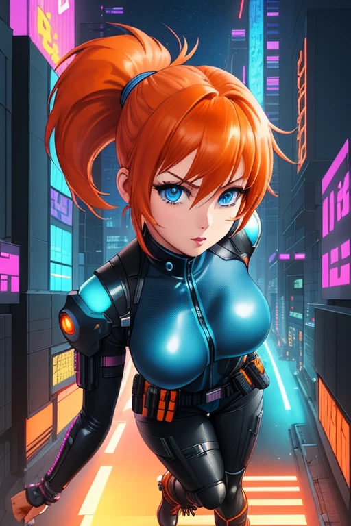 1girl ((32year old, dressed in a tight futuristic sci-fi bodysuit, utility belt, boots, medium breasts, short orange hair, pony tail styled hair, perfect model body:1.3, detailed blue eyes:1.5)) attack action, face close-up, action with impact, full body, perspective composition, exaggerated composition, perfect composition, perfect eyes, large perspective, dynamic composition, dreamy cyberpunk girl, anime cyberpunk art, digital cyberpunk - anime art, cyberpunk anime girl, digital cyberpunk anime art, cyberpunk, cyberpunk anime art, cyberpunk vibe, cyberpunk art style, background is city, neon, night
