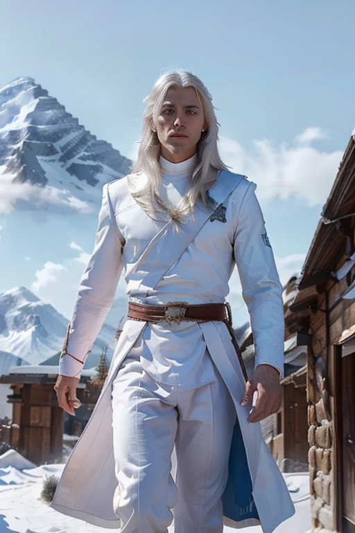 male 30 years old long white hair in white silver and blue royal calvary uniform book cover with a giant throwing mountain in the background