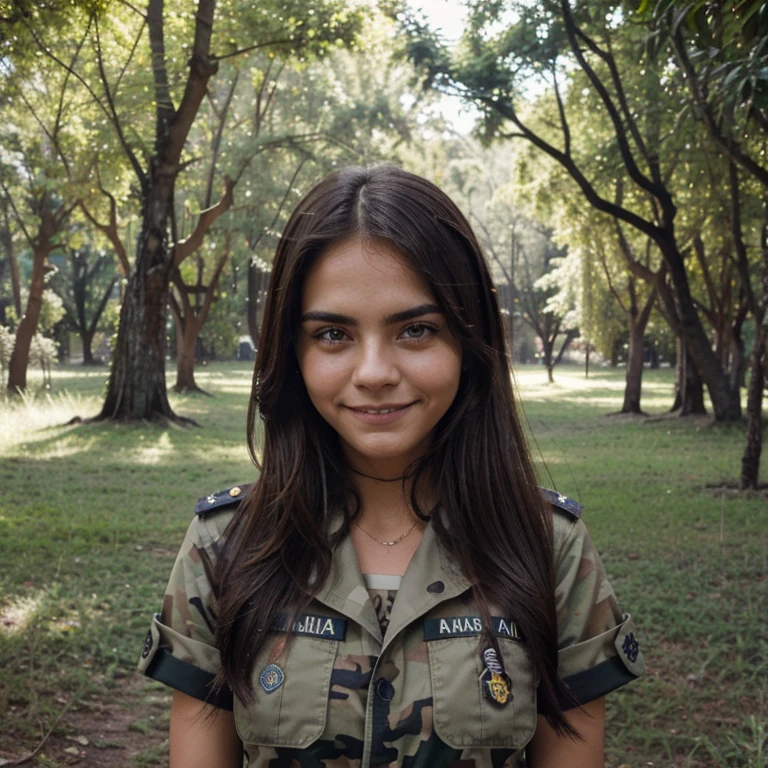 cara argentina, militar, cabello ?????, chica, atras un bosque, ojos cansados, sonriendo, ropa interior