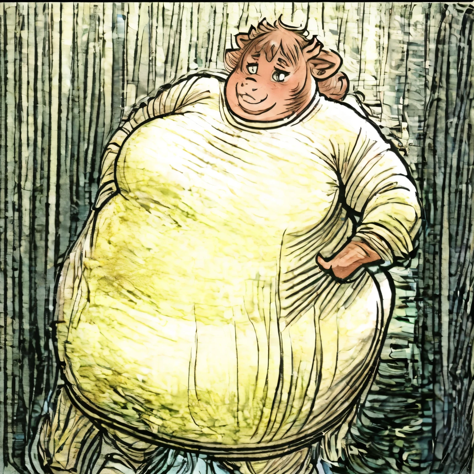 image of a fat girl, furry, anthrocow girl, thicc, insanely inflated hips, she has a jiggly fat round belly, thick thigs, thick body, heavy looking, widest hips, large thighs, thicc build, full figure poster, fat woman, full figured mother earth, extremely plump, oppai proportions, plus size woman, obese )