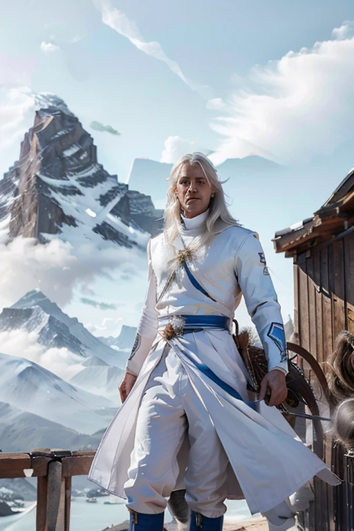 male 30 years old long white hair in white silver and blue royal calvary uniform book cover with a giant throwing mountain in the background