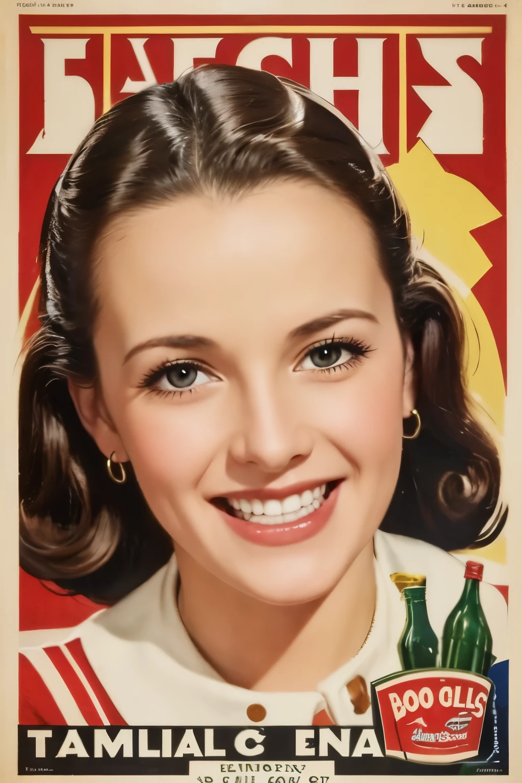 a close up of a poster of a young girl with a smile, glossy old advertising poster, vintage poster, poster vintage, retro poster, enoch bolles, 1940s propaganda poster, by Joseph Brandt, inspired by Art Frahm, beautiful retro art, art deco poster, vintage poster style, retro ad, the front of a trading card