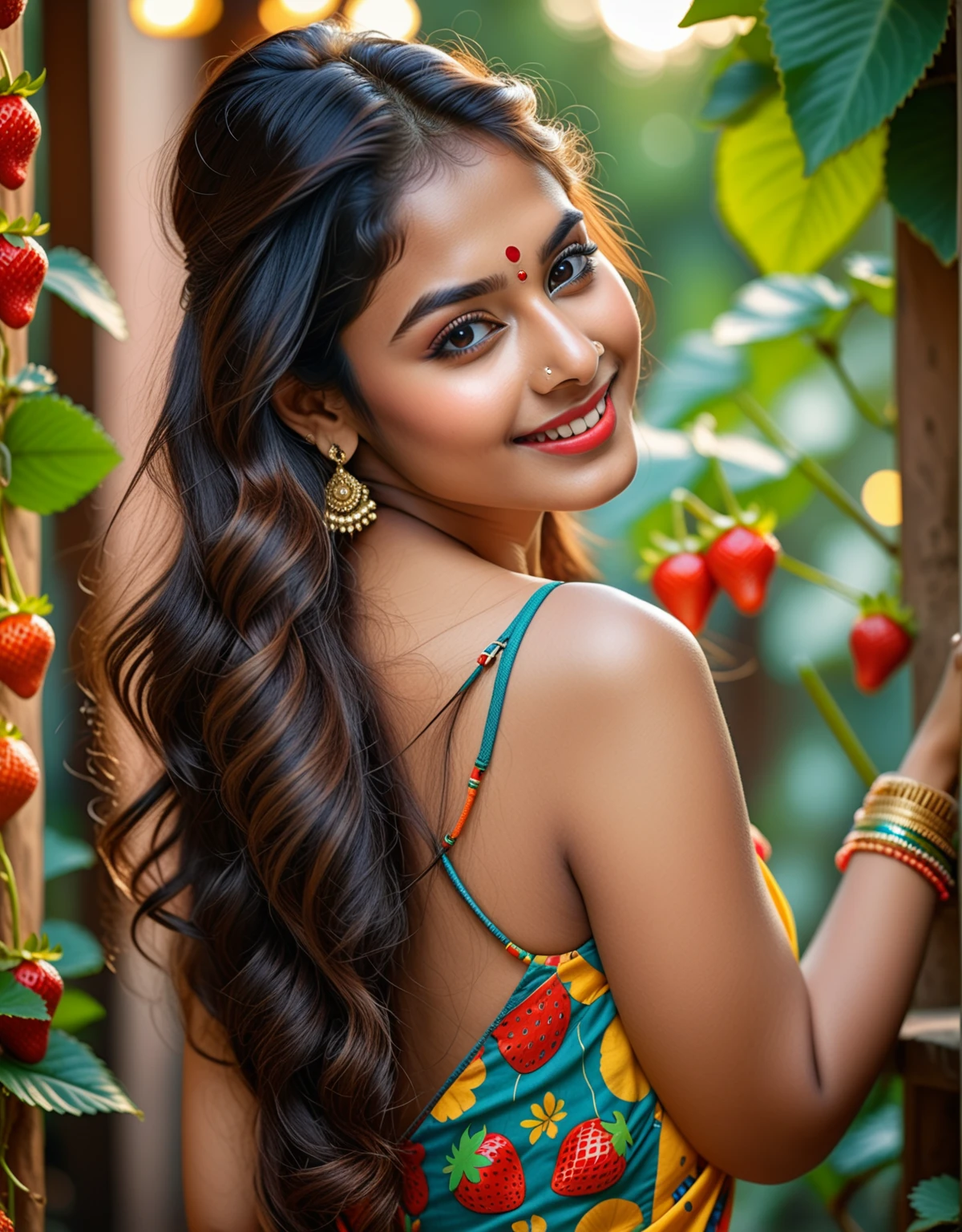 A beautiful indian fair girl 25 years old , pear shaped body wearing backless top, big earrings , nosepin, big beautiful eyes , detailed hyper realistic face smiling with (charismatic face) most beautiful indian girl , vibrant colourful background, magnificent beauty, 8k 4k real image real girl Full face portrait photo of a 25-year-old indian girl, RAW, beautiful woman, semi-open strawberry lips, dimples, wistful look, (extra long wavy brown hair), ((detailed face)), ((detailed facial features)), (finely detailed skin), pale skin, (deep neckline detailed dress), (cool colors), (masterpiece) (perfect proportion)(realistic photo)(best quality) (detailed) shot on a Canon EOS R5, 50mm lens, F/2.8, HDR, (8k) (wallpaper) (cinematic lighting) (dramatic lighting) (sharp focus) (intricate),RAW photo, posing for camera, 8k uhd, dslr, high quality, grain film, Fujifilm XT3