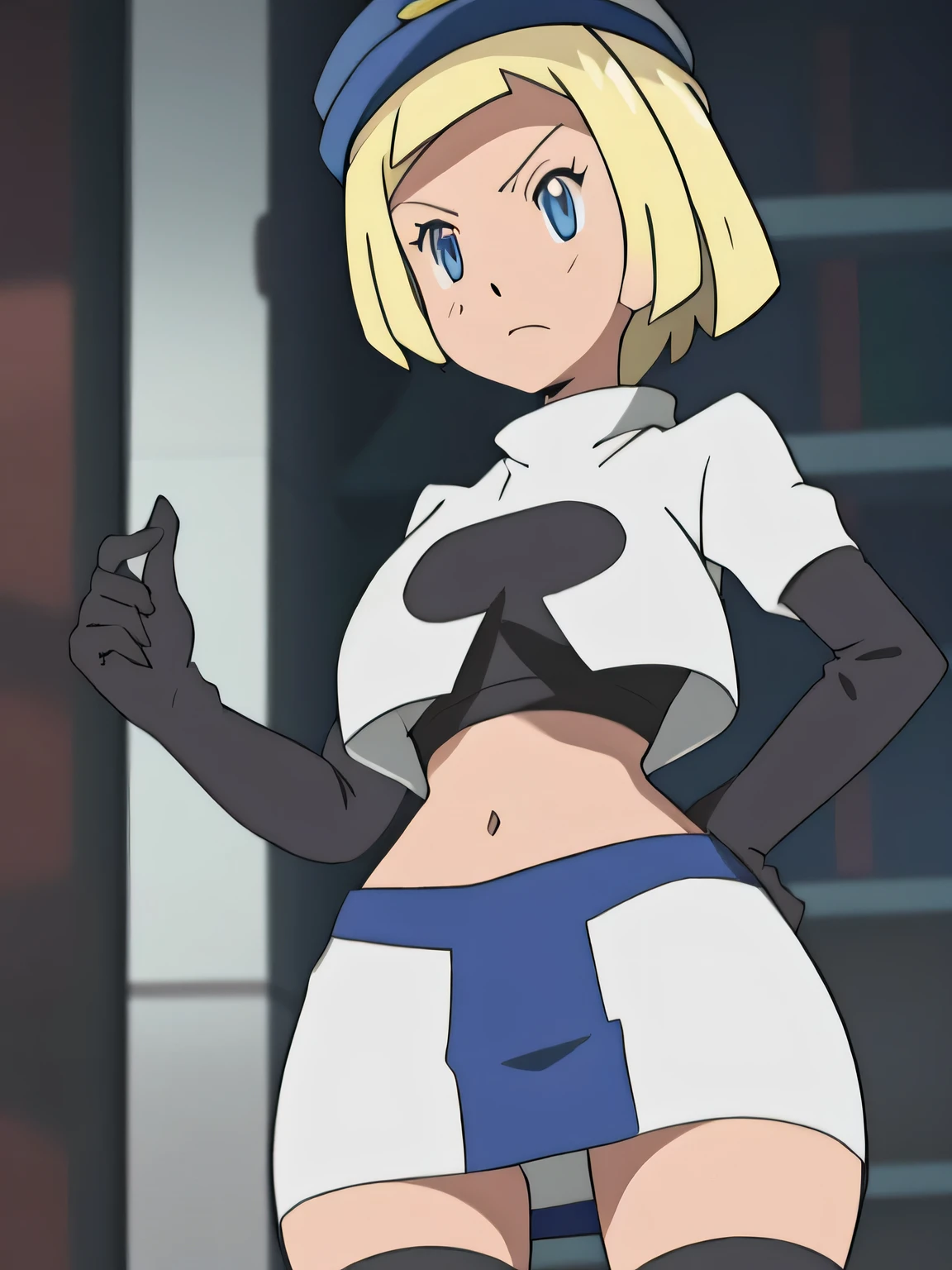8k, masterpiece,highres,very large breast, team rocket uniform, red letter r, white skirt,white crop top,black thigh-high boots, black elbow gloves, glaring angrily, looking down at viewer, hands on hips, cowboy shot, zettai ryouiki,from below, black panties,anime style, vivid colors, sharp focus, intense lighting,theresia caroline,short,hair,blonde hair,blue eyes,garrison cap