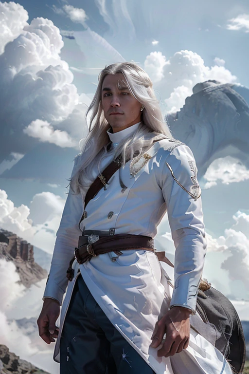male 30 years old long white hair in white silver and blue royal calvary uniform with a storm cloud over a mountain in the background