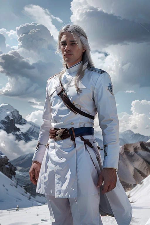 male 30 years old long white hair in white silver and blue royal calvary uniform with a storm cloud over a mountain in the background