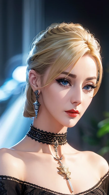 portrait, realistic, elegant mature woman, blue eyes, blonde hair, 8k resolution cg, beautiful cg, soft light,Ring earrings, necklace, (thick eyeliner), (eye shadow),(red lips),