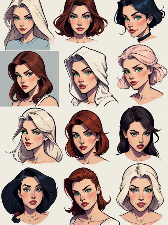 Turnaround sheet Imagem de desenho animado de uma mulher .cartoon style illustration, estilo de arte dos desenhos animados, estilo de arte dos desenhos animados, digital illustration style, design de personagens altamente detalhado, arte digital detalhada fofa, City fan art, Design de personagens de retrato, beautiful digital illustration, retrato de alta qualidade, Arte em quadrinhos, mulher jovem. Green eyes Medium and wonderful buso Alleyne - Queen's Blade