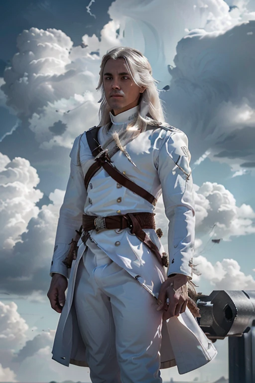 male 30 years old long white hair in white silver and blue royal calvary uniform with a storm cloud in the background