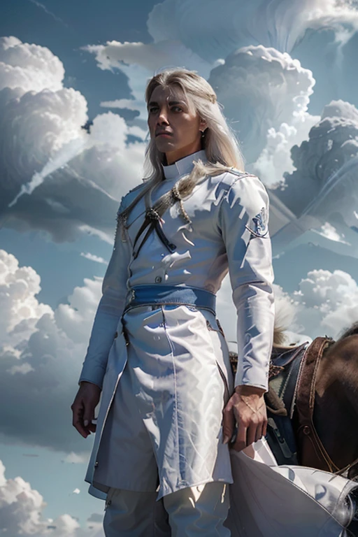male 30 years old long white hair in white silver and blue royal calvary uniform with a storm cloud in the background