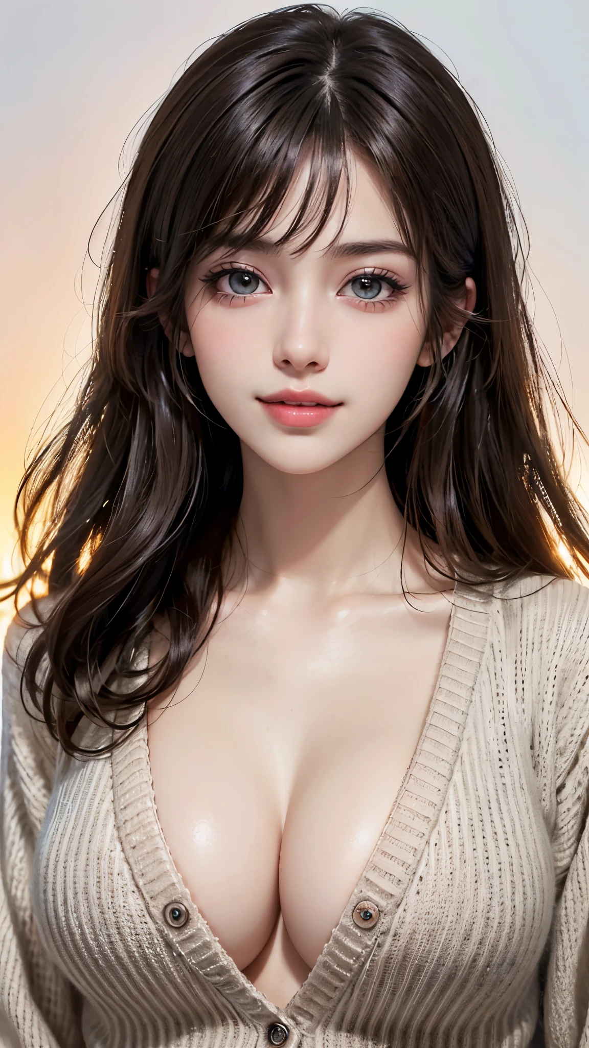 (UHD, retina, masterpiece, accurate, anatomically_correct, textured_skin, super_detail, high_details, high_quality, best_quality, high_res, 1080P, HD, 4K, 8k, 16k), (beautiful_detailed_eyes, beautiful_detailed_lips, extremely_detailed_eyes_and_face), soft_lighting, physically-based_rendering, vivid_colors, (large_breasts, glamorous_body:1.5), (shiny_hair, shiny_skin, tanned_skin, blush), (bangs:1.5), eye_reflection, (bokeh, simple_background), [business_shirt, (cardigan:1.5)], smile_and_laugh,