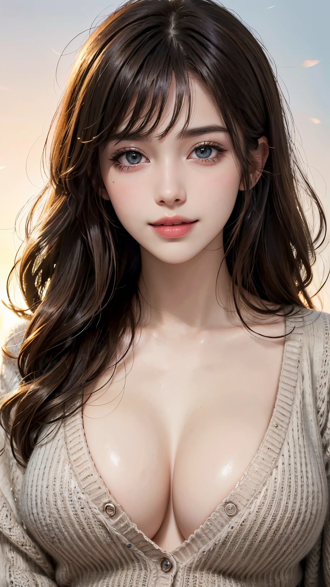 (UHD, retina, masterpiece, accurate, anatomically_correct, textured_skin, super_detail, high_details, high_quality, best_quality, high_res, 1080P, HD, 4K, 8k, 16k), (beautiful_detailed_eyes, beautiful_detailed_lips, extremely_detailed_eyes_and_face), soft_lighting, physically-based_rendering, vivid_colors, (large_breasts, glamorous_body:1.5), (shiny_hair, shiny_skin, tanned_skin, blush), (bangs:1.5), eye_reflection, (bokeh, simple_background), [cardigan, business_shirt:1.5], smile_and_laugh,