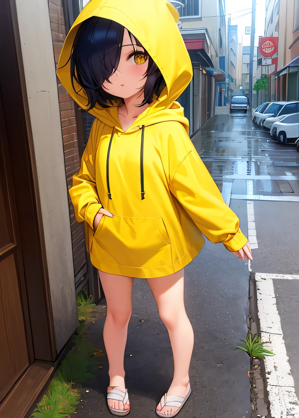 , (((hair over eyes))), Litte, girl, ((One eye)), simple hood, ((yellow hood)), bottomless, nothing underneath, (naked hood), (Hair in eyes), Black hair, Slim, ((Short hair)), Seeing from below, gojo eye, spread pussy, Rain, Sidewalk, 5 fingers,