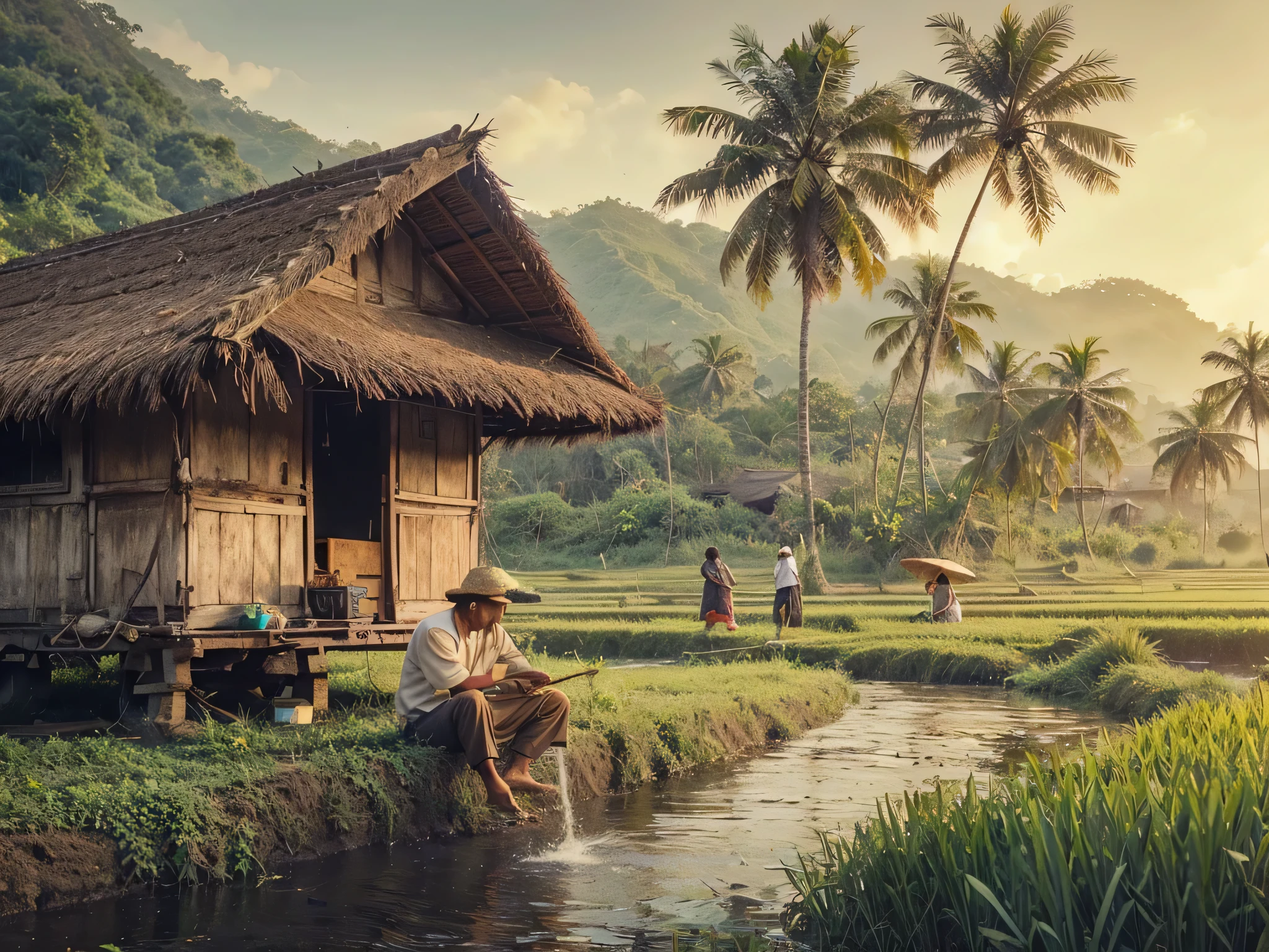 Gambar pemandangan zaman dulu, sebuah gubuk tua di tengah sawah, didepannya terdapat seorang kakek tua sedang duduk, didepan gubuk ada sungai kecil, ada orang lewat menaiki sepeda hendak berangkat kesawah, latar belakang pegunungan dan pohon kelapa, suasana adem sejuk, foto realistik, detail tinggi.cat air.