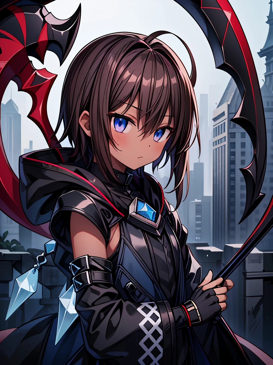 Masterpiece High res, high definition, male dark skin, cute shota, dark brown hair, medium dark brown hair,wearing a black coat, detached sleeves, black full bodysuit, black exoskeleton, fingerless gloves, blue gem, Giant Blue scythe, close up
