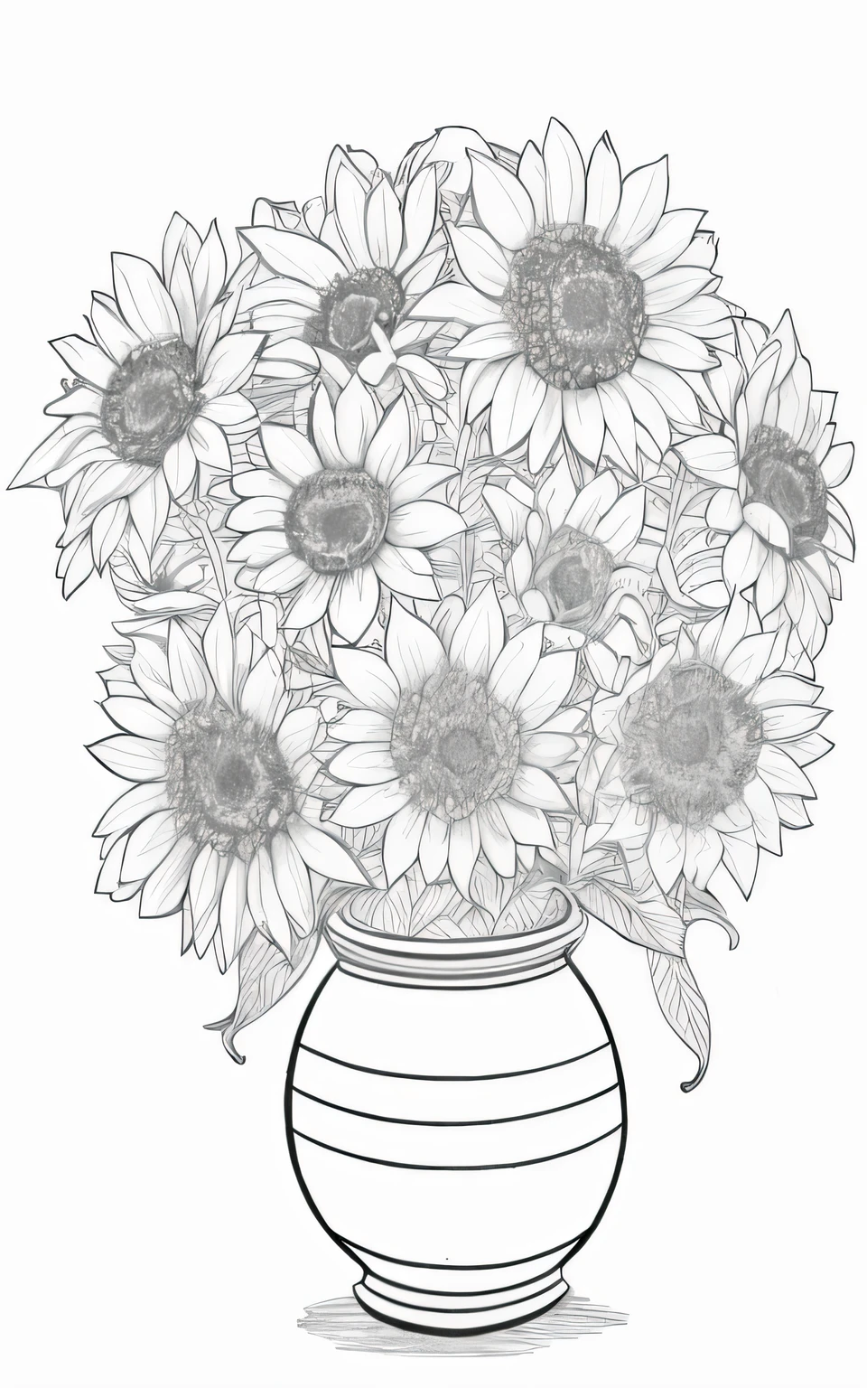 a black and white drawing of a vase with flowers in it, i dream of a vase flowers, flowers with intricate detail, sunflowers, coloring book outline, detailed flowers, banana plants drawing, black and white color only, simple yet detailed, detailed line art, coloring pages, 1024x1024, helianthus flowers, detailed 4 k drawing