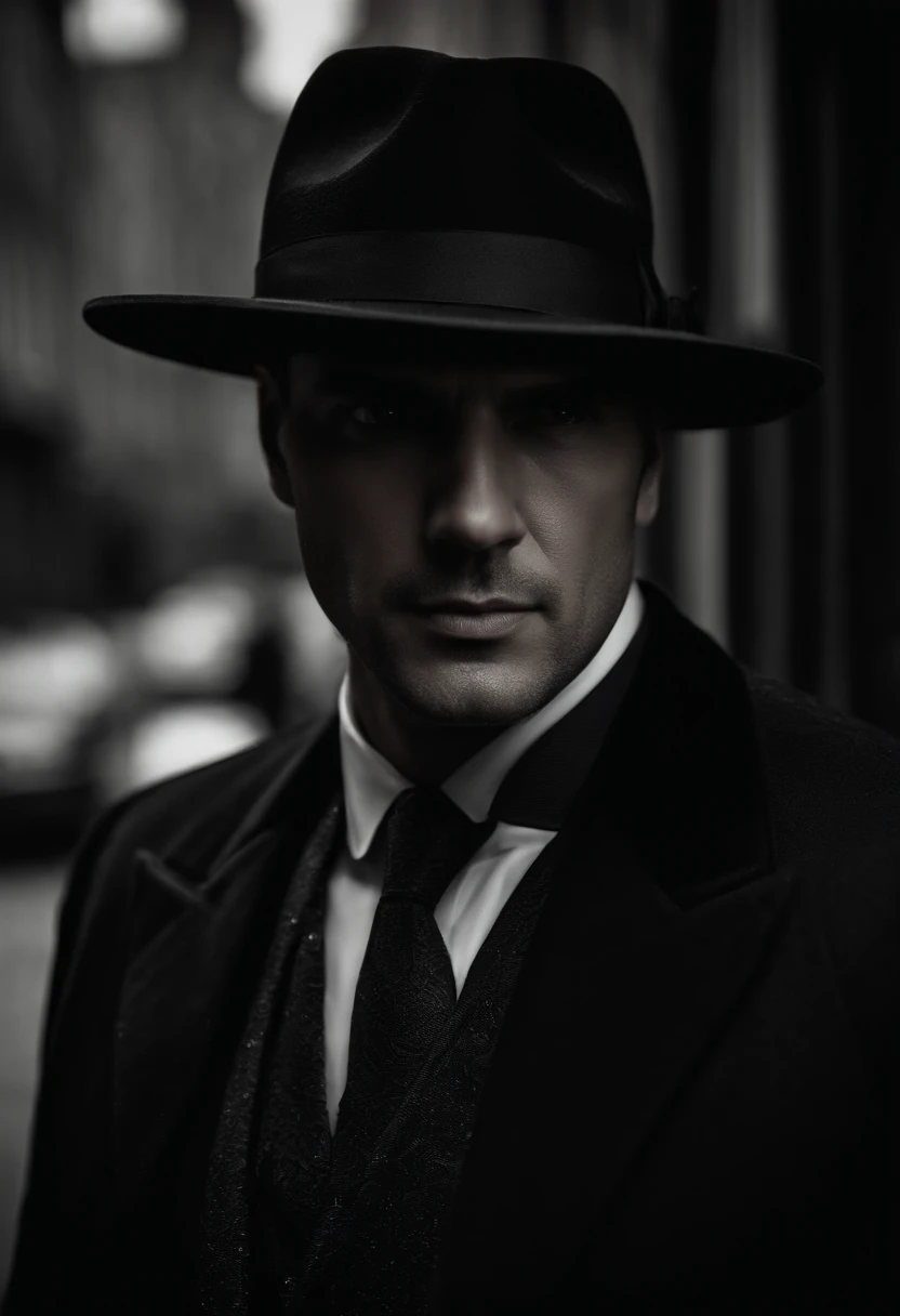 A real picture of a man dressed in black like a mafia, also wearing a black hat, close to the camera, in a dark place, looking at the camera and showing signs of confidence, leadership, and dignity on his face.