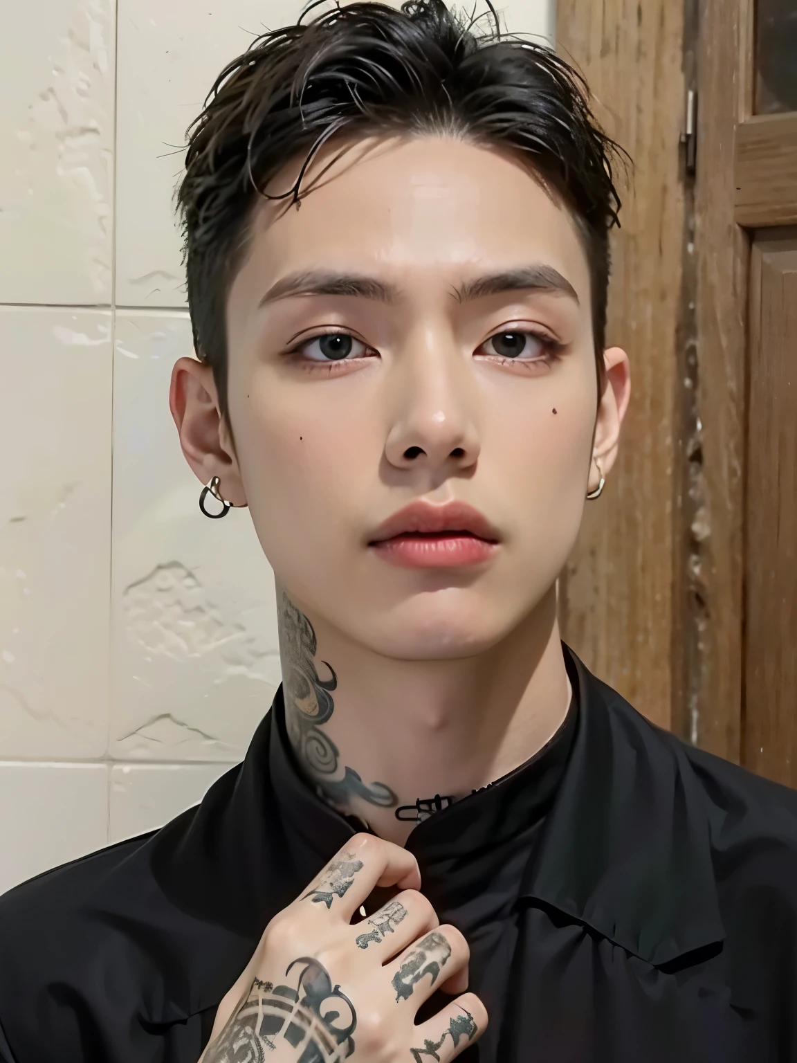 chiseled man with tattoos on his arms and neck wearing a black shirt, estilo de seb mckinnon, androgynous face, delicate androgynous prince, 1 de 7 anos, rosto magro, androgynous person, androgynous man, cai xukun, handsome androgynous prince, Yanjun Chengt