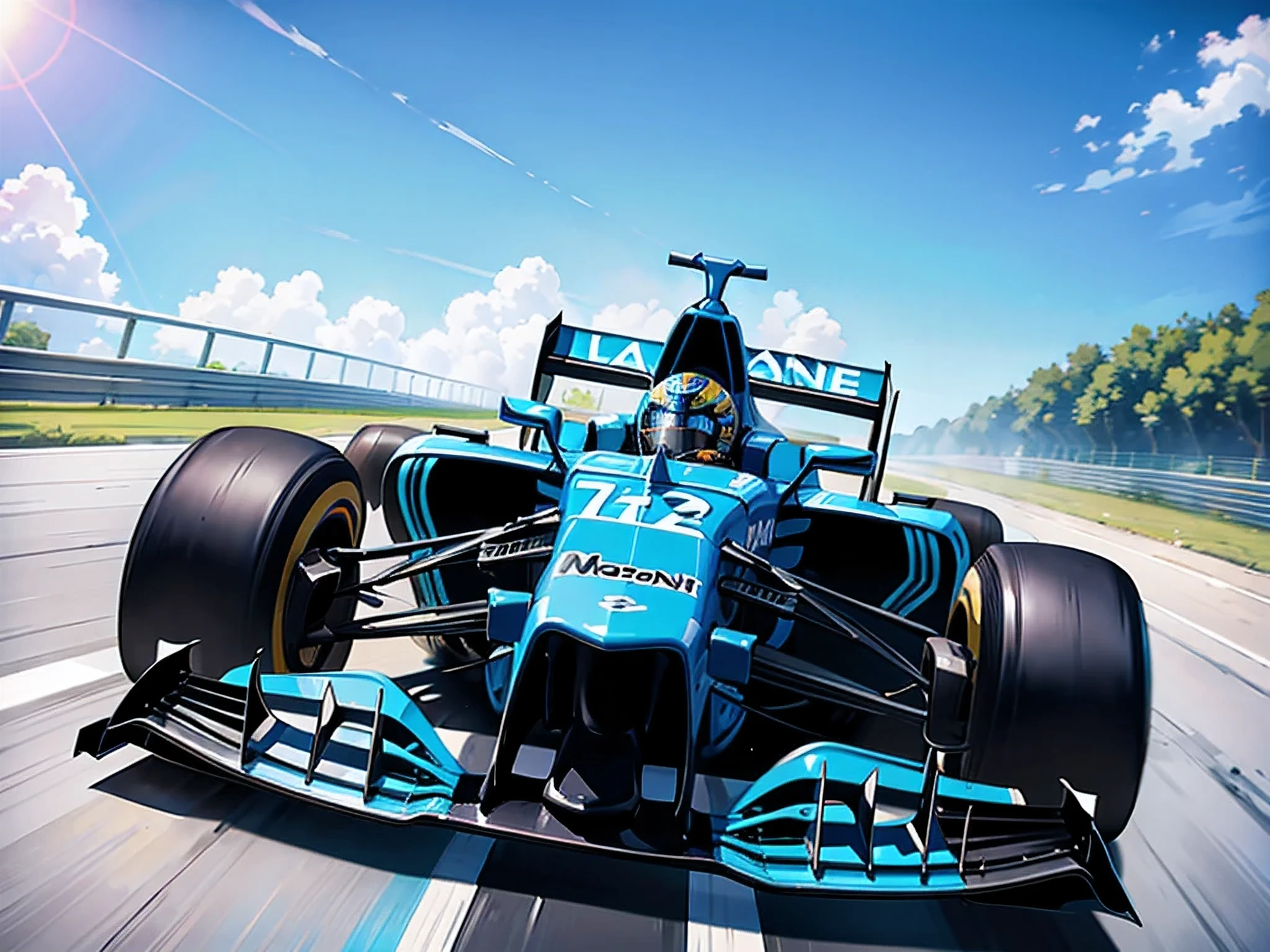 Guy racing a blue extreme detailed formula 1 racing car very detailed on a sunny day