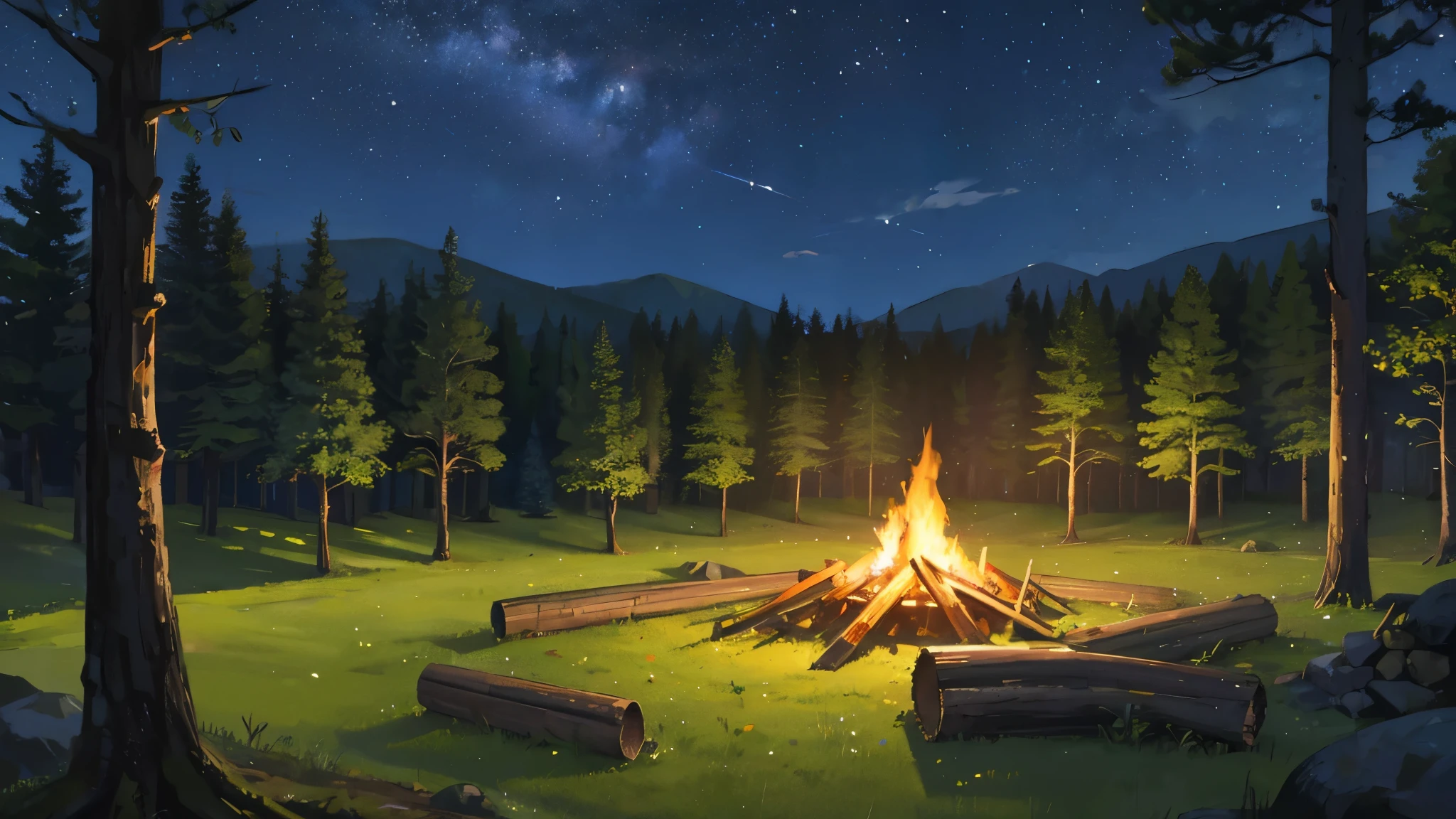 visual novel background, campsite with logs for sitting surrounding a camp fire, tents scattered around camp grounds, grassy field, forest at night time, extremely detailed
