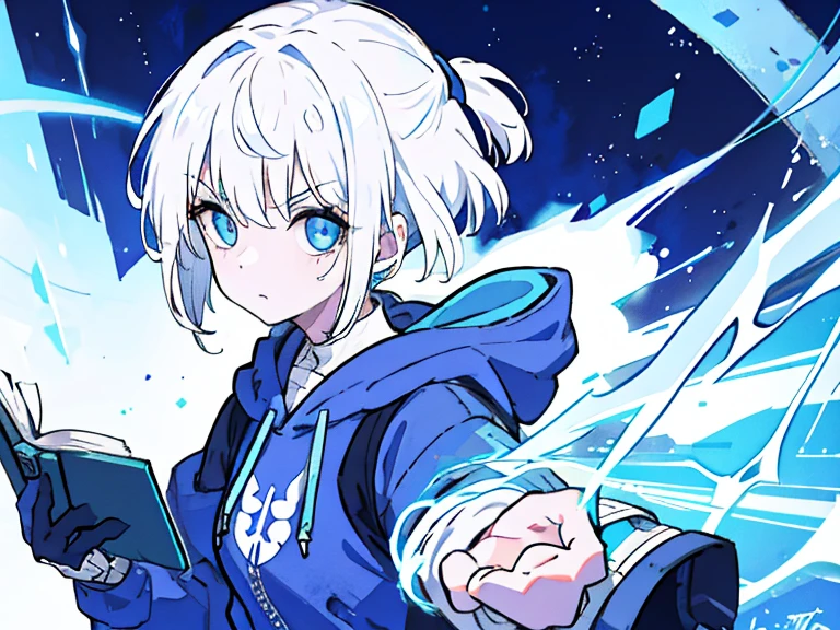 1girl, hoodie, blue eyes, white hair, pony tail, ultrasharp, short hair, 8k, looking at viewer, pretty eyes, perfect hands, mean stare, holding a book