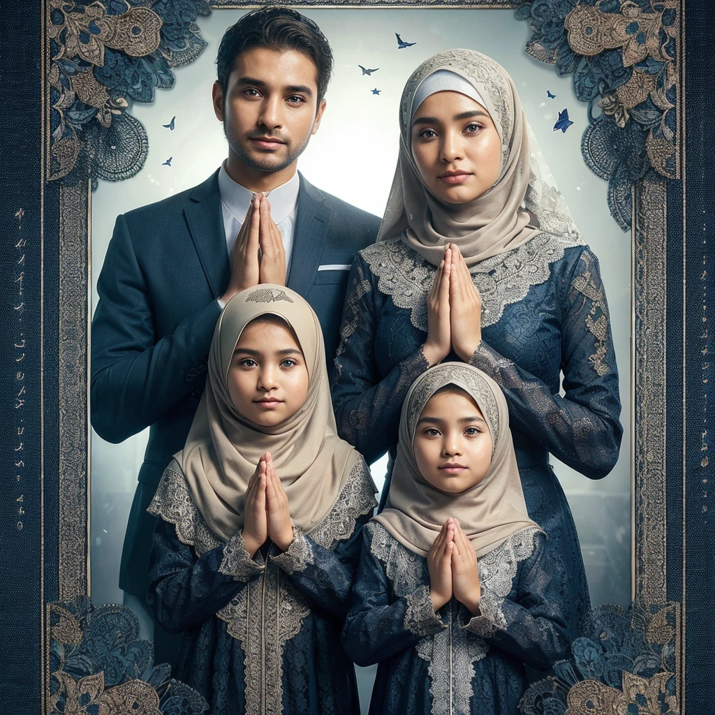 The Eid frame contains a realistic photo of a family, a 30 year old man & woman with a daughter and a 6 year old dathey are standing wearing Muslim clothes with navy blue lace motifs. They make prayer hand movements. Realistic three diamonds, underneath there is a ribbon with the words "Selamat Hari Raya Idul Fitri read clearly and firmly. Hyperrealistic, highly detailed words and photos