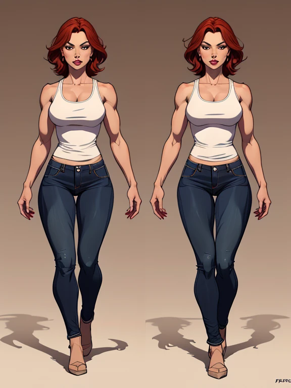 Turnaround sheet personagem Mary Jane Whatson Cararolpas. Women's jeans and white tank top Gender Female Height 5'11"
Peso
135 libras (61 kg)
Brown eyes Red hair well shaped symmetrical breasts