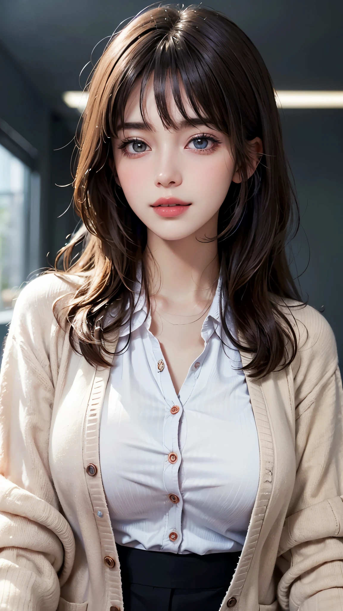 (UHD, retina, masterpiece, accurate, anatomically_correct, textured_skin, super_detail, high_details, high_quality, best_quality, high_res, 1080P, HD, 4K, 8k, 16k), (beautiful_detailed_eyes, beautiful_detailed_lips, extremely_detailed_eyes_and_face), soft_lighting, physically-based_rendering, vivid_colors, (large_breasts, glamorous_body:1.5), (shiny_hair, shiny_skin, tanned_skin, blush), (bangs:1.5), eye_reflection, (bokeh, simple_background), (business_shirt_and_cardigan:1.5), smile_and_laugh,