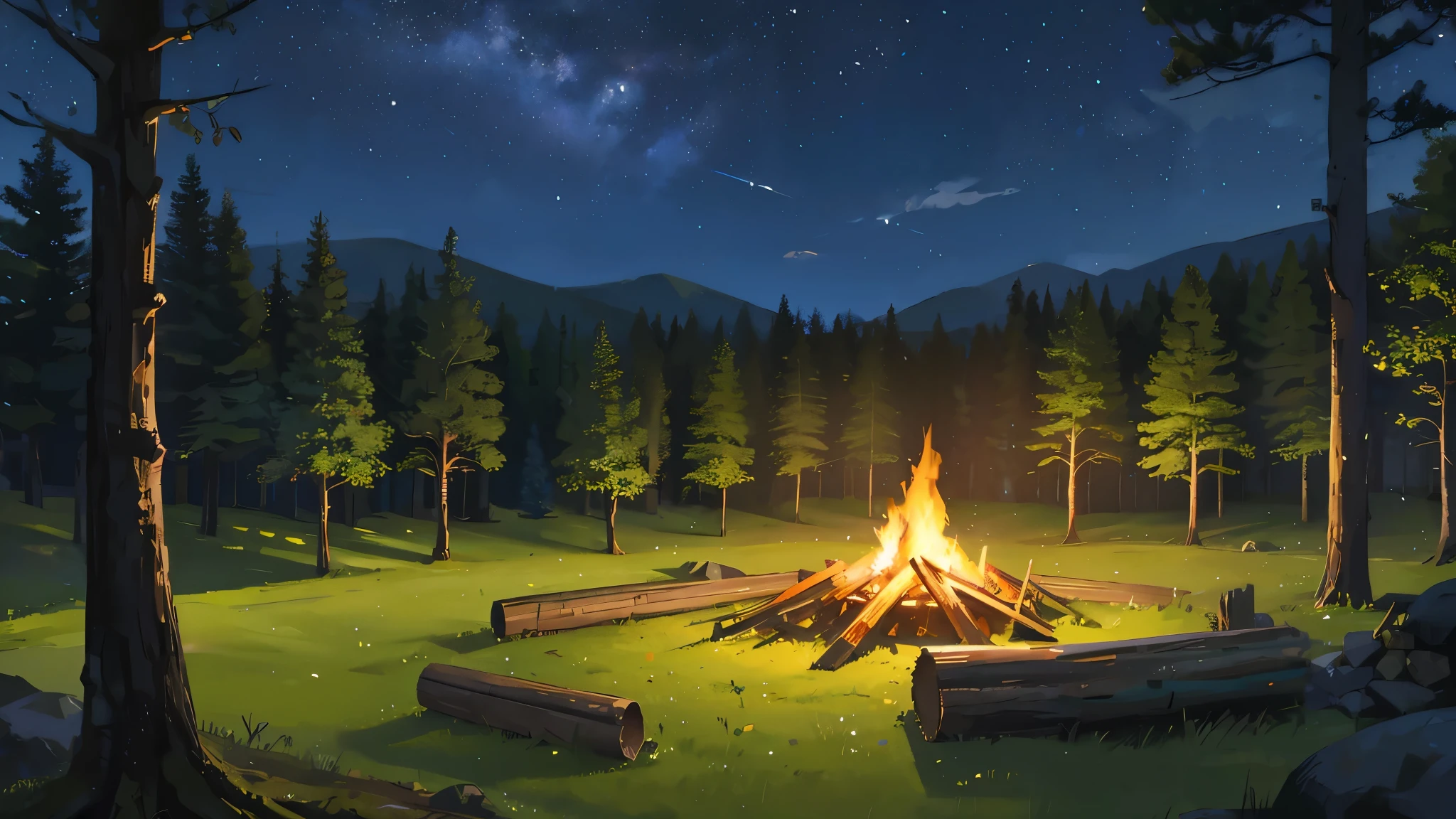 visual novel background, campsite with logs for sitting surrounding a camp fire, tents scattered around camp grounds, grassy field, forest at night time, extremely detailed