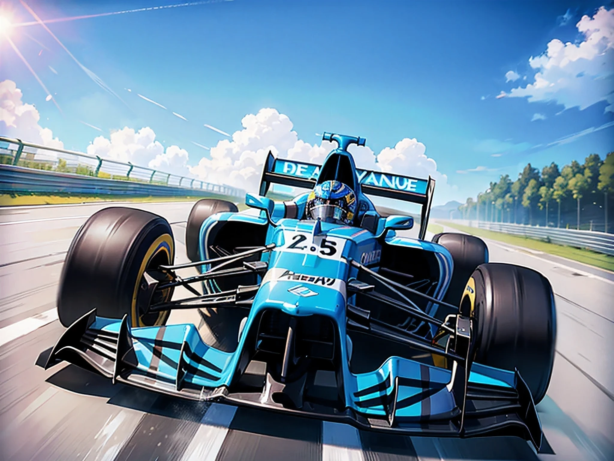 Guy racing a blue extreme detailed formula 1 racing car very detailed on a sunny day