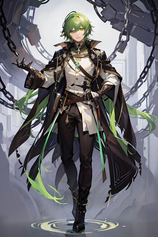 1boy, male, Black skin, intense colors, detailed facial features, mystical atmosphere, fantasy setting, intricate clothing design, intricate armor design, divine presence, Black and green hair, Godly aura, Celestial. wearing a green jacket with a black white undershirt, Reality, eyes covered, chained, blindfolded, wearing black, green & white boots, tail, Chaos, glitch, glitched, digital dissolve, chained up,