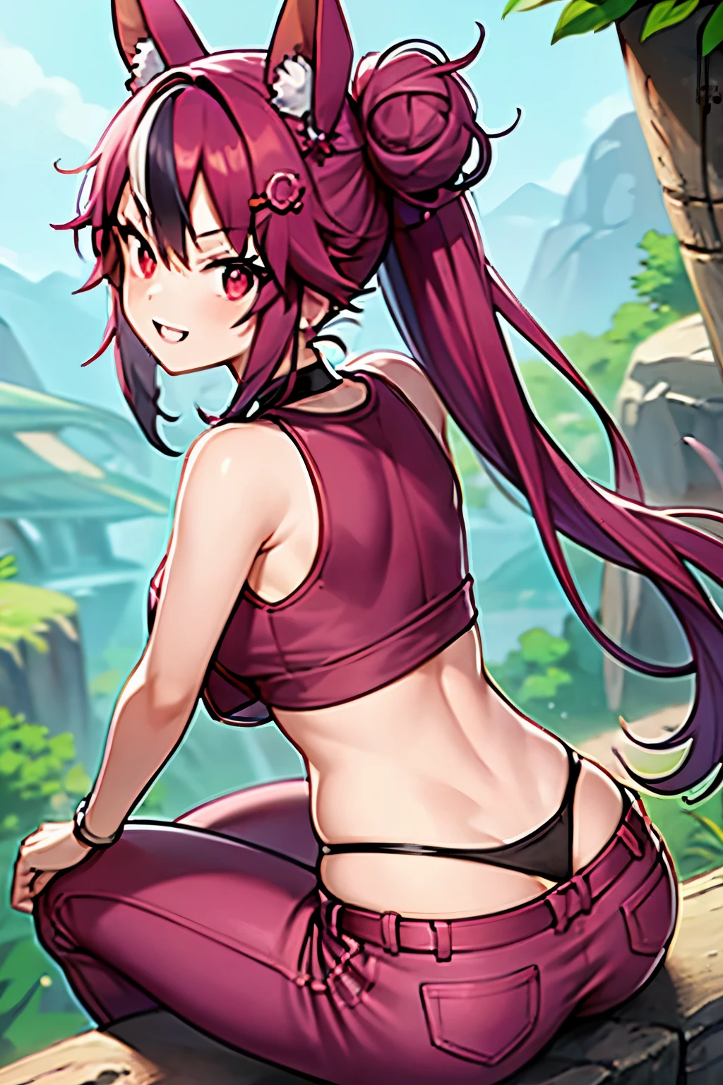 1girl, solo, red eyes, (purple hair:1.3), (pink pants, pants:1.3), black shirt, sleeveless shirt, tank top, double hair bun, multicolored hair, sideboob, from behind, lowleg, butt crack, smile, open mouth, forest background, sitting on a rock, , thong, black thong