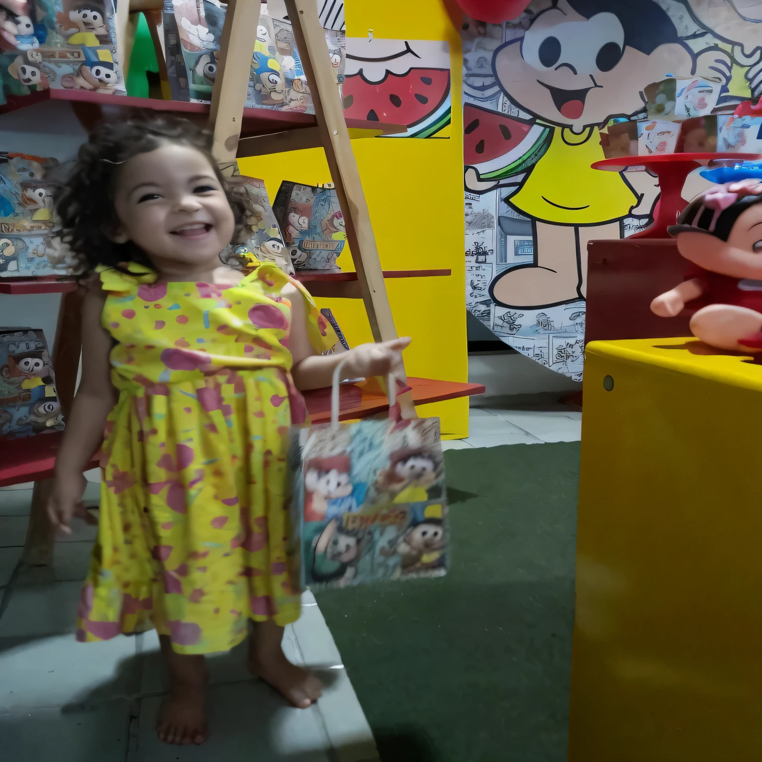 there is one that is standing in front of a toy, she is smiling and excited, with a happy expression, ela expressando alegria, brinquedo, muito animado, chibi, very muito feliz, on a birthday , garota feliz, muito feliz, por Emerson Silva, Olhar feliz, parecendo feliz, olhar alegre, caricaturist alarcón, cara feliz