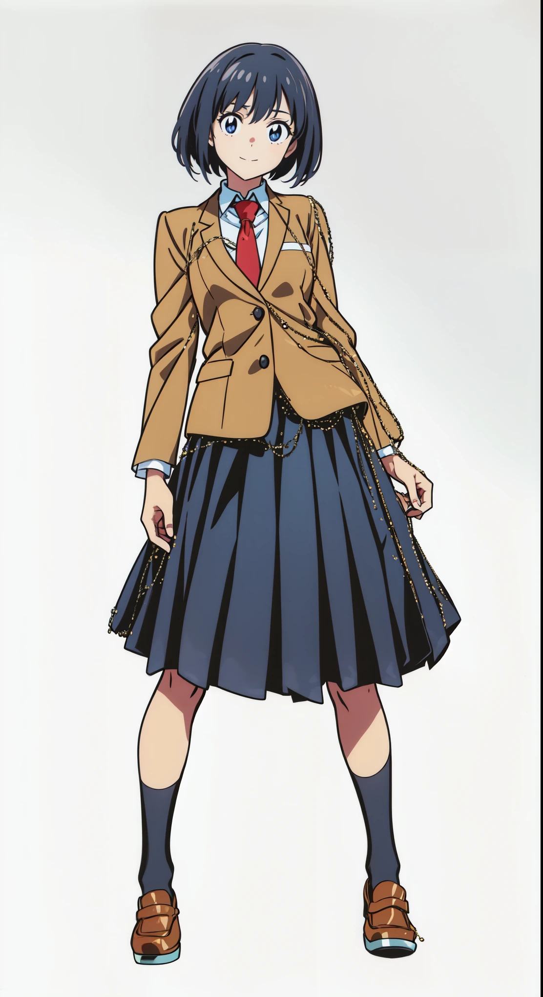 (best quality:1.0), (masterpiece:1.0), (super fine illustration:1.0), (beautiful artwork:1.0), (anime screencap:1.0), (official art:1.0), (tareme:1.5), (cheerful:1.5), (white background:1.0), (best quality:1.0), (masterpiece:1.0), (super fine illustration:1.0), (beautiful artwork:1.0), (anime screencap:1.0), (official art:1.0), (full body:1.0), (solo:1.0), (HSGA:1.0), (a 18yo cute girl:1.0), (long skirt:1.0), (dark blue skirt:1.0), (pleated skirt:1.0), (school uniform beige blazer:1.0), (dark blue necktie:1.0), (loafers:1.0), (black socks:1.0), (ideal ratio body proportions:1.0), (lanky:1.0), (tall:0.0), (slender:1.0), (small breasts:1.0), (smaller face:0.0), (tareme:1.0), (detailed beautiful eyes:1.0), (detailed beautiful face:1.0), (glowing black eyes:1.0), (bob cut hair:1.0), (black hair:1.0), (standing:1.0), (looking at viewer:1.0)
