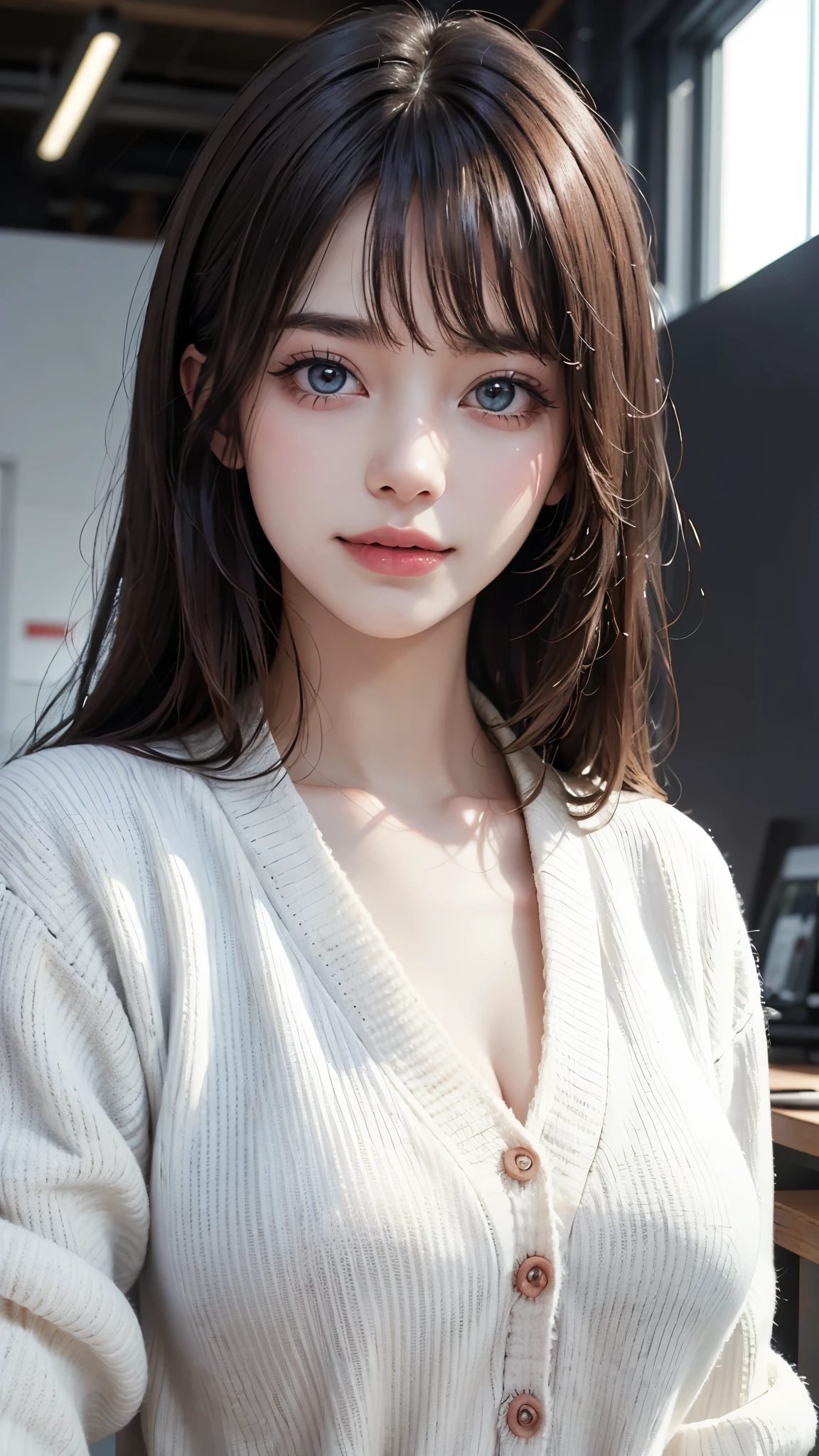 (UHD, retina, masterpiece, accurate, anatomically_correct, textured_skin, super_detail, high_details, high_quality, best_quality, high_res, 1080P, HD, 4K, 8k, 16k), (beautiful_detailed_eyes, beautiful_detailed_lips, extremely_detailed_eyes_and_face), soft_lighting, physically-based_rendering, vivid_colors, (large_breasts, glamorous_body:1.5), (shiny_hair, shiny_skin, tanned_skin, blush), (bangs:1.5), eye_reflection, (bokeh, simple_background), (white_business_shirt_and_cardigan:1.5), smile_and_laugh,
