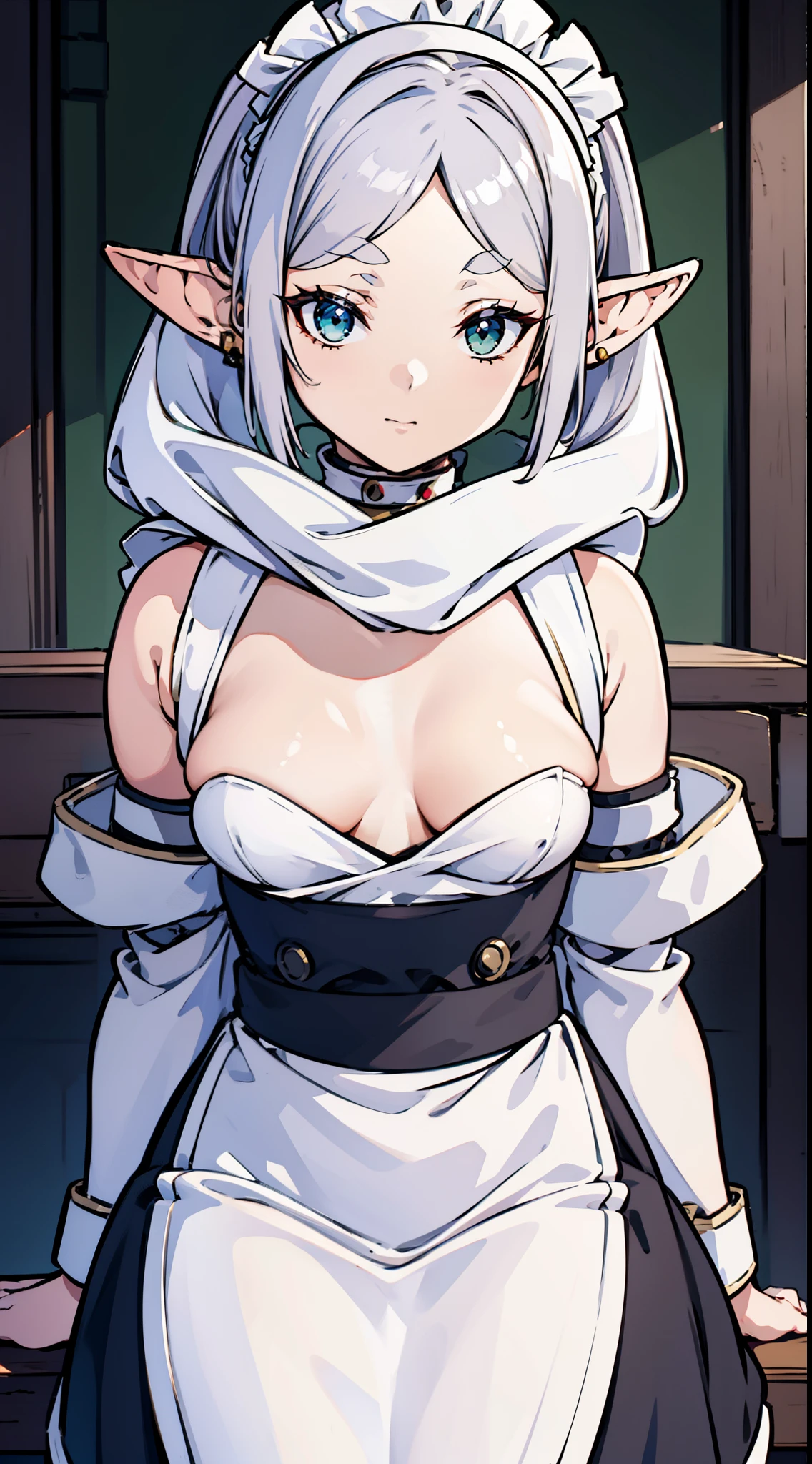(Best quality, On a table),Sexy maid, girl,NSFW, 1 girl in, Green-eyed , ssmile, Hourglass figure, grey long hair,the maid outfit,dual horsetail, elvish ears、inside a room、small tit、Black background has the best quality, tmasterpiece, 1 slim girl, (Alone:1.1), ray traycing, ultra - detailed,Detailed faces, 8k wallpaper, Wide hips, Takashi Furi NDV, 1 slim girl, White hair, dual horsetail, eBlue eyes, mediuml breasts, Long gray hair, pointy ears, maids, Parted bangs, White shawl, White dress, obi strip, longer sleeves, External, sitted, hooded, scarf, Yuki, Winters,Solemn maid outfit,lie,sitting down,A throne