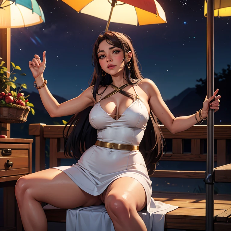 `mature female, Moroccan beauty, ancient glowing ruins, thicc, big breasts, curvy, nsfw, spreading legs, pussy spread, ornated dress, sitting in middle of market, crowded, night, dynamic lighting, masterpiece, best quality, highres, highly detailed , blush`