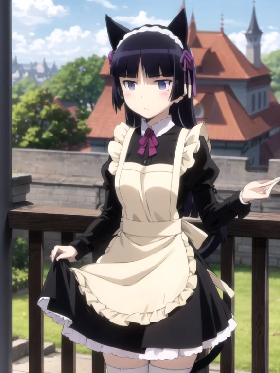 UHD, high details, (Ruri Gokou), 1 girl, Maid clothes, Cat ear, Black tail, anime style, (apron skirt), midi skirt, stockings, Different world, old castle, middle ages
