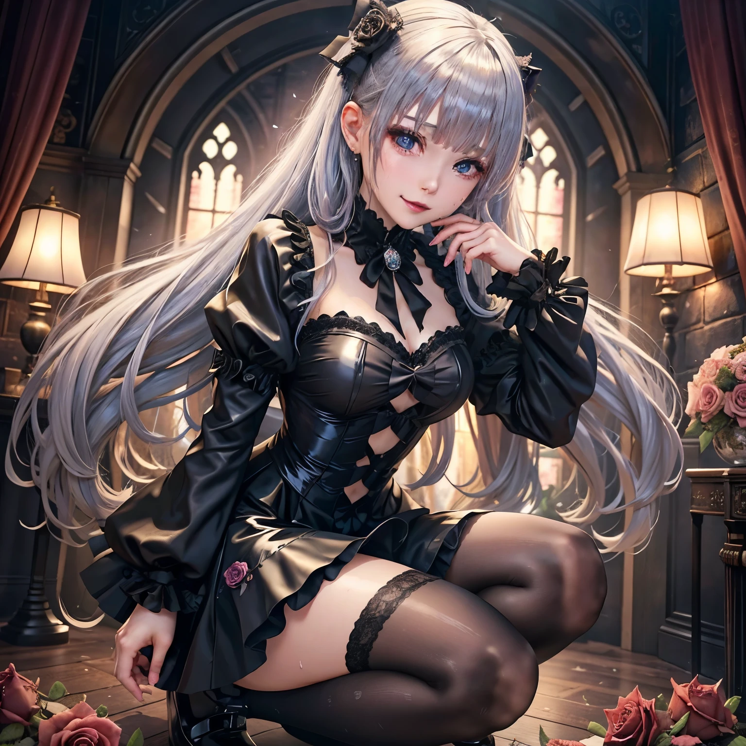 ハードdark gothicメイク、my sanity、deep night sky、horror、black dark eyeshadow、cry、grieve、Good skin glow、dark gothicメイク、dark smile、restless palace、fragrant beauty、22 years ago、lure、Expression of intense sexual pleasure、embarrassed look、dark gothic、lewd expression、debris flies、highest quality、View 5 books、Expression of sexual pleasure in suffering、drunk face、purple maid outfit、Mysterious、Noble、A face that is holding back the toilet、super sexy、loving smile、twin tail hair、jet black ruffle skirt、right blue eye, left eye is red、バラで覆われたゴシック様modeのベッド、Super bewitching pose、stick out your butt、platform heel shoes、dark makeup、black lipstick、Stained glass、black metal world、open your legs loosely、make the world beautiful、sit on a bed of roses、gothic lolita clothing、comb hair、A little slender、silver hair、long hair straight hair、cute gothic lolita dress、beautiful face、elegant face、bewitching face、knee high socks、Stained glassが背景、My chest is shiny from a lot of sweat、the room is dark、goth long dress、bell sleeve、wizard sleeve、decadent look、sexually excited look、part of hair、mode、ゴシックmode、Glossy thighs wet with water、Thighs wet and shiny with oil、Background of a room full of roses、sad expression、Rose Maiden、embroidery is pink、The costume has pink embroidery、thigh high socks、kneel down、Place your knees on the floor、knee high socks、Her thighs shine with a lot of sweat.、kneel down、my body is wet and shiny、Lots of glitter on the thighs、sweating、Excessive sweat and stickiness on thighs、Sweat glistens on my thighs, The whole body is sweaty and shiny、pretty sweaty、My thighs are sweaty、my thighs are so wet、I sweat a lot and my thighs are shiny..、A large amount of sweat shines all over the body、spread your legs wide、slender body、gentle expression、masturbation behavior、deep black eyeshadow、despicable act、Stained glassと薔薇背景、wearing black underwear、black panties、thighs are a little thin、duo、female couple、i have lesbian friends、Are standing、hug each other、