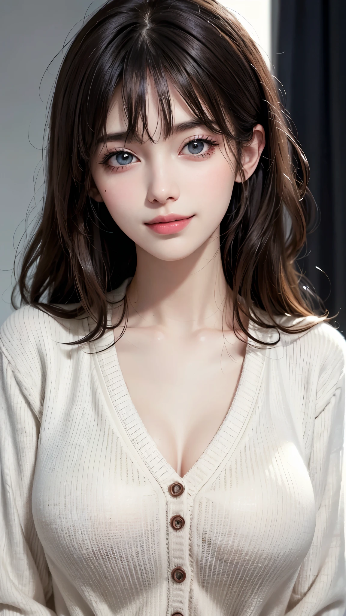 (UHD, retina, masterpiece, accurate, anatomically_correct, textured_skin, super_detail, high_details, high_quality, best_quality, high_res, 1080P, HD, 4K, 8k, 16k), (beautiful_detailed_eyes, beautiful_detailed_lips, extremely_detailed_eyes_and_face), soft_lighting, physically-based_rendering, vivid_colors, (large_breasts, glamorous_body:1.5), (shiny_hair, shiny_skin, tanned_skin, blush), (bangs:1.5), eye_reflection, (bokeh, simple_background), (white_business_shirt_and_cardigan:1.5), smile_and_laugh,