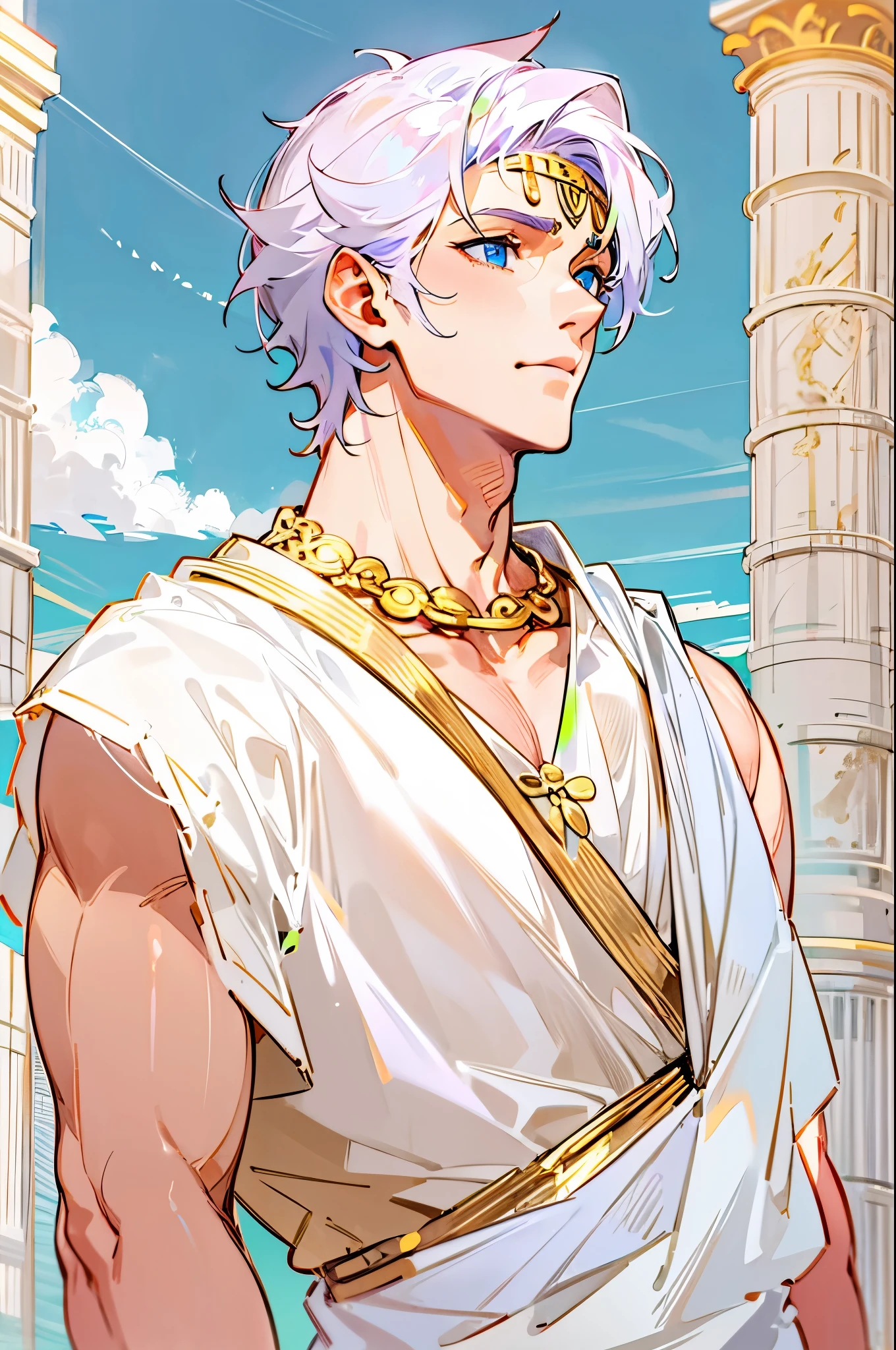 1male, Adult, Blue eyes, Lavender Colored Hair, Ancient Greek, White Toga, Jewelry, Sunny Sky, Muscular, Middle Parted Hair, Short Hair